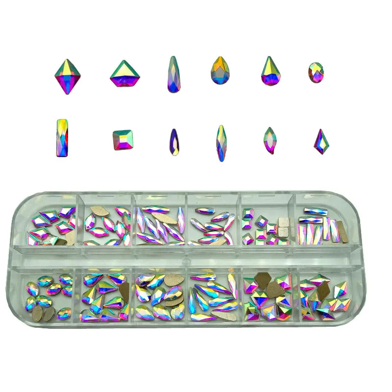 120Pcs Įvairių Formų Stiklo Kristalų AB Cirkonio Nagų Dailės, Amatų, Sumaišykite 12 Stilių FlatBack Kristalai 3D Dekoracijos, Akmenys, Perlai