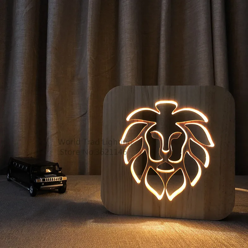 3D Medinio Liūtas Lempos Gyvūnų Stiliaus USB LED Lentelė Šviesos luz Switch Valdymo bebe noche Medžio Drožyba Lempa, Vaikų, miegamojo Puošimas