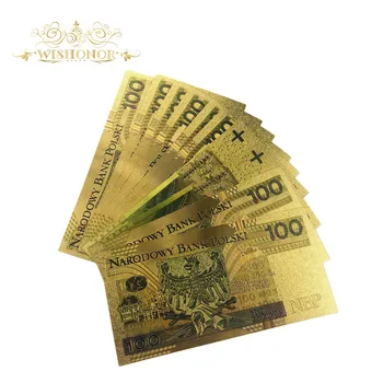 10vnt/daug Gražus Lenkija Banknotų 100 Bill PLN Aukso Banknotų 24k Auksu Popieriniai Pinigai Replika Surinkimo