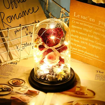 Gėlių Lokys Pakilo Naktį Šviesos Stiklo danga Dome Lempa su LED Šviesos Galaxy Gimtadienis, Vestuvės, Valentino Diena, Jubiliejų Metu