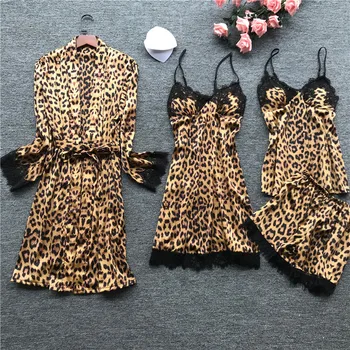 Naujas Atvykimo Moterų Satino Naktiniai Drabužiai Ilgomis Rankovėmis Leopard Namų Drabužių Vasaros Sleepwear Sexy Nėrinių Camisole Lounge Pižama Kostiumas