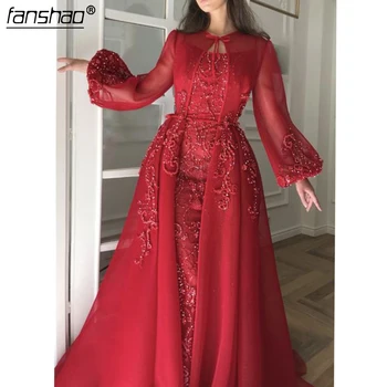 Oficialus Raudona Musulmonų Vakaro Suknelės Nuimamas-line Aukštos Ritininės ilgomis Rankovėmis, Granules, Dubajus, Saudo arabų Ilgai Vakare Gown Prom Dress