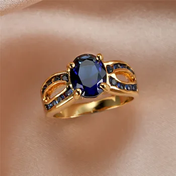 Prabanga Moterų Mėlyna Kristalų Akmens Žiedas 18KT Geltonos Aukso Spalvos, Didelis Vestuvinių Žiedų Moterims Žada Ovalo formos Cirkonis Vestuvinis Žiedas