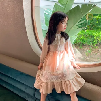 Rudenį Naują Atvykimo korėjos stiliaus medvilnės ilgomis rankovėmis princesė suknelė su atitikimo nėrinių apykaklę mielas sweet baby mergaitės