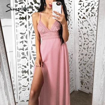 Simplee Sexy nėrinių boho šifono moterų suknelė Akių spageti dirželis backless spausdinti vasaros suknelės Atsitiktinis padalinta atostogų ilgai vestidos