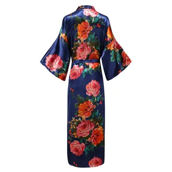 Sleepwear Moterų Prarasti Spausdinti Gėlių Chalatas Kimono Royal Blue Ilgas Apdaras Suknelė Su Sexy Diržas Lounge Atsitiktinis Nightdess Moterims
