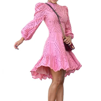 Z-ZOUX Moterų Suknelė Temperamentas Nėrinių Suknelės Sluoksniuotos Rankovėmis Tuščiaviduriai Iš Raukiniai Vintage Suknelė ilgomis Rankovėmis Aukštos Juosmens Mini Suknelės Naujas